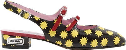 Star P Black Leather Slingback Mary Jane Heels with Yellow Star, Carel Paris
