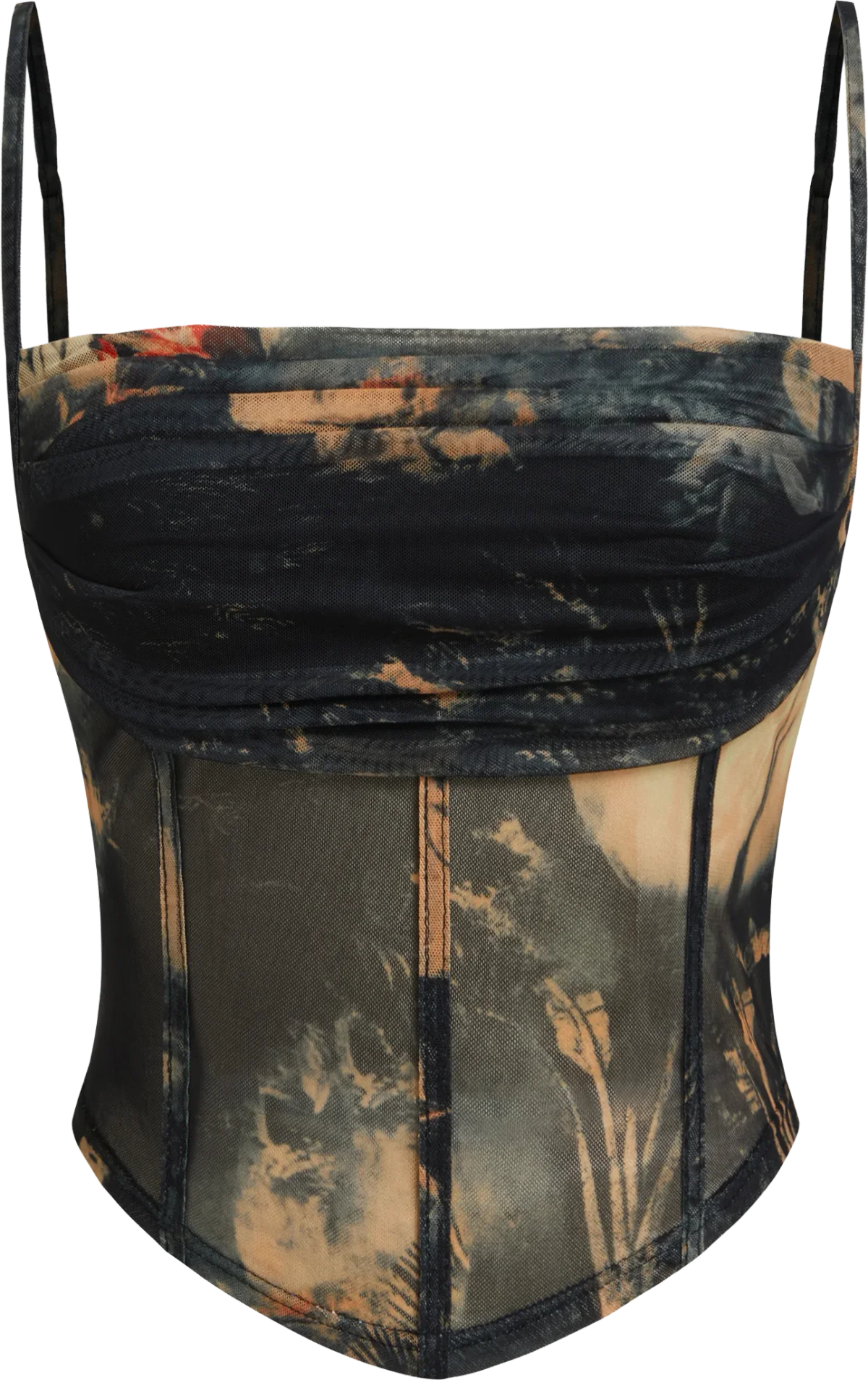 mesh graphic ruched corset crop cami top, cider