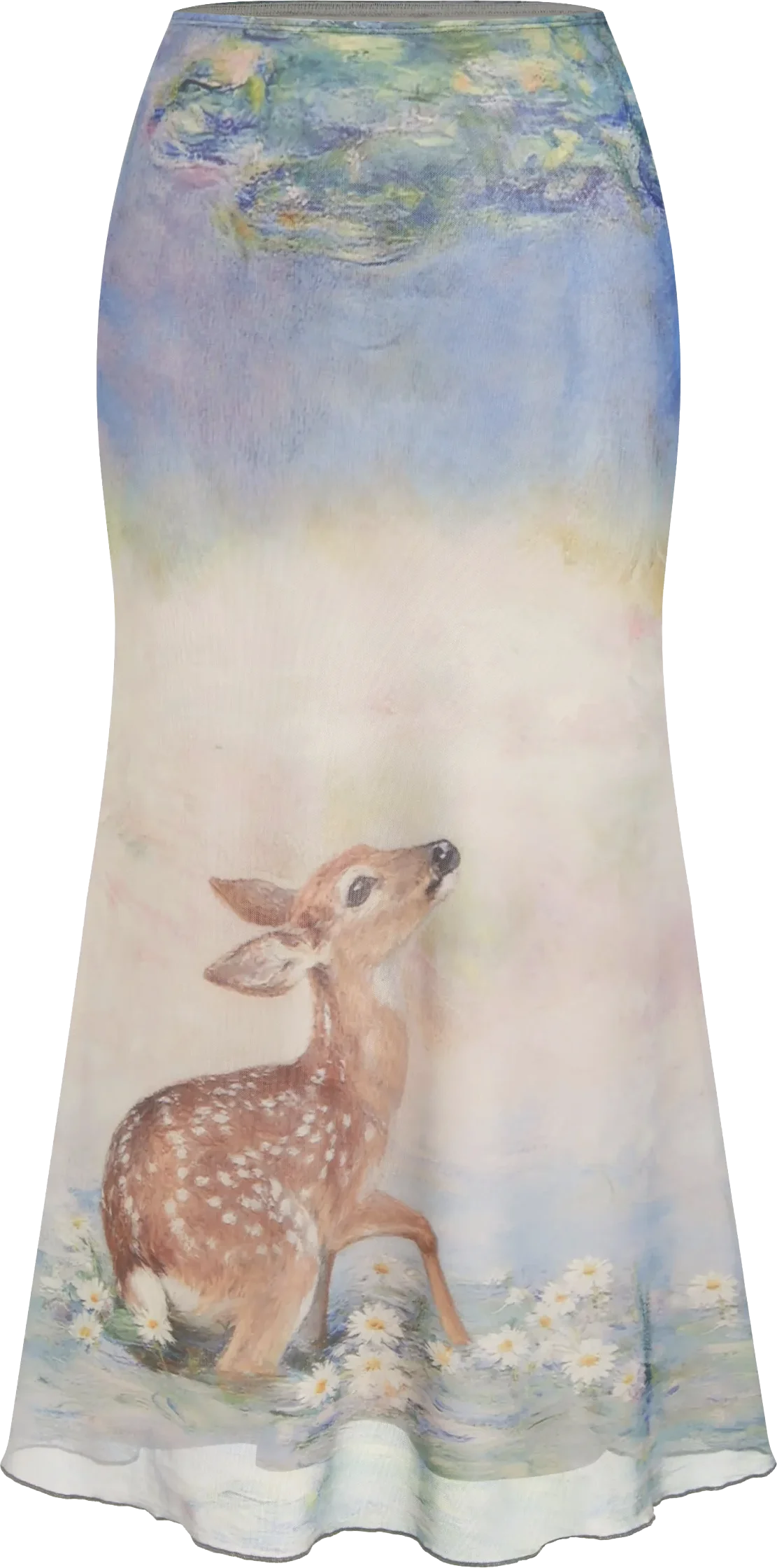 mesh oil painting mid rise lettuce trim mermaid maxi skirt, cider