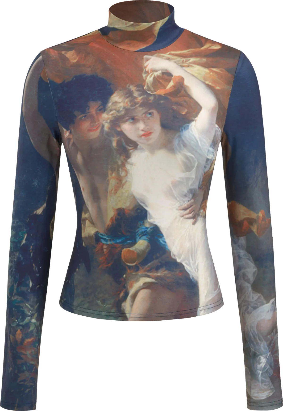 high neck oil painting graphic long sleeve top, cider