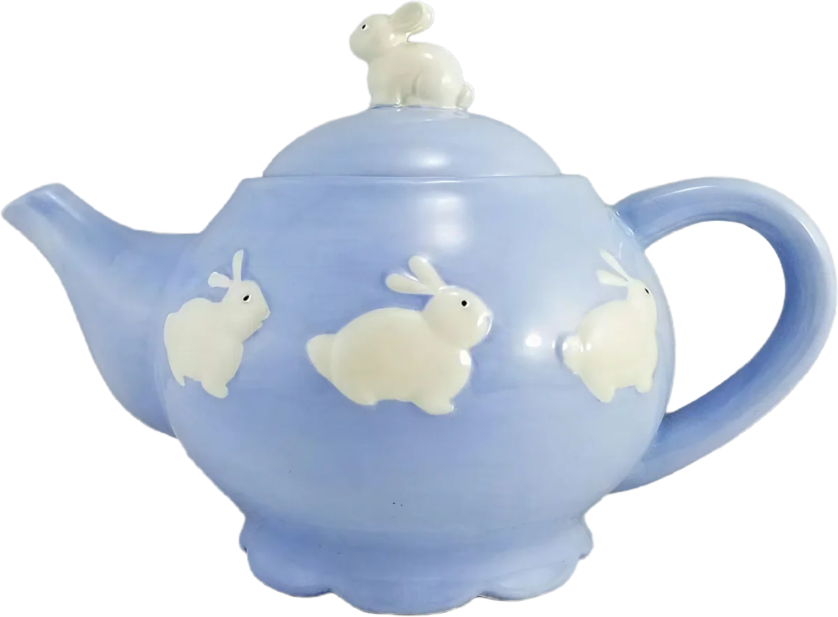 Easter Bunny Rabbit Blue White Ceramic Teapot, Kate Williams