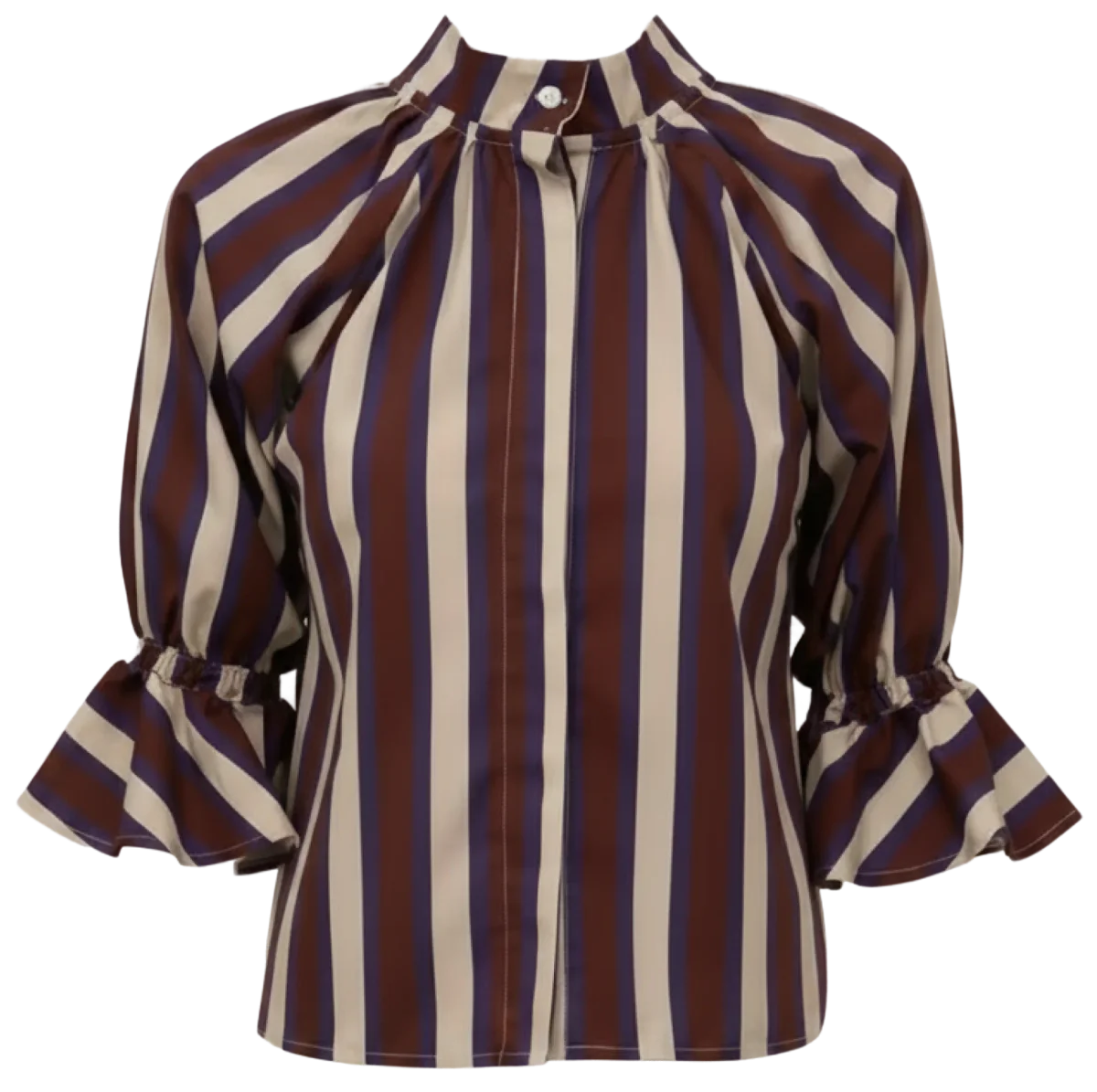 frostbite striped burgundy and blue blouse, carmen says